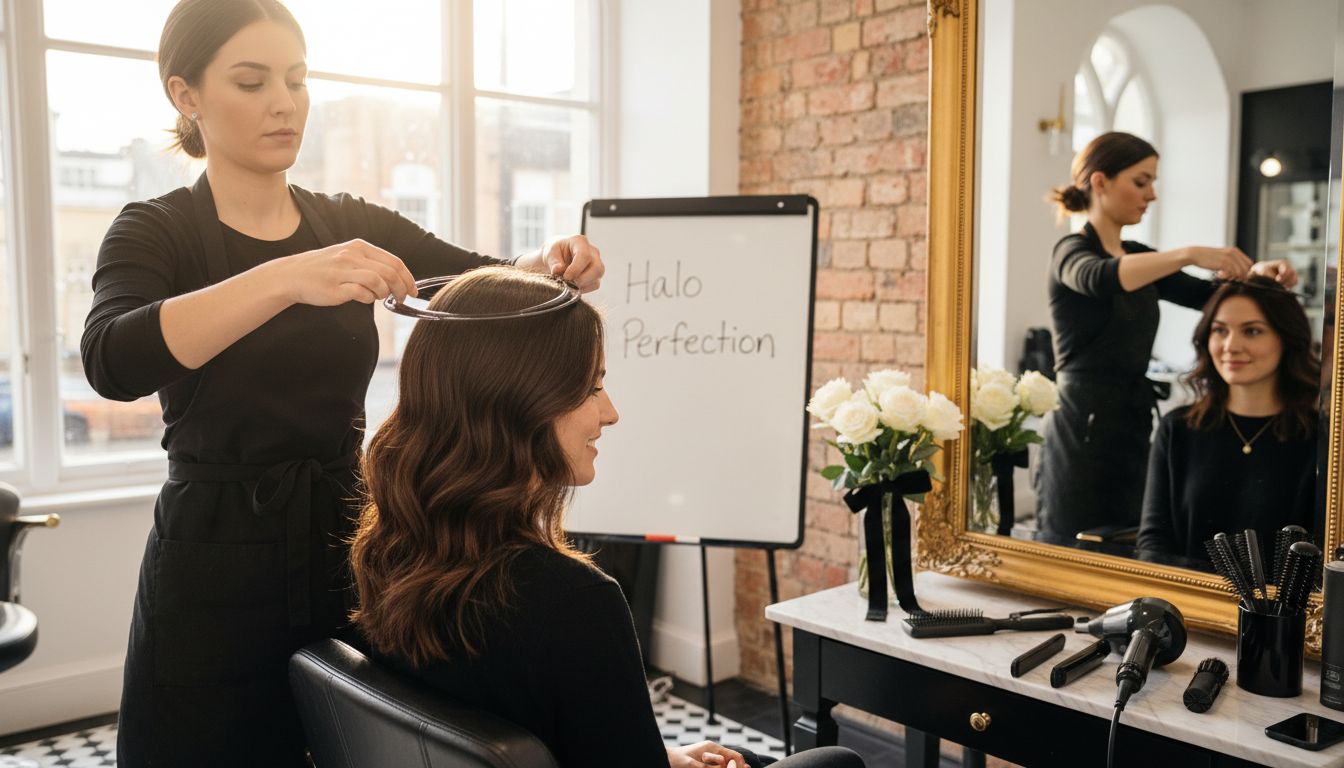 Stylist fitting halo extension in London salon
