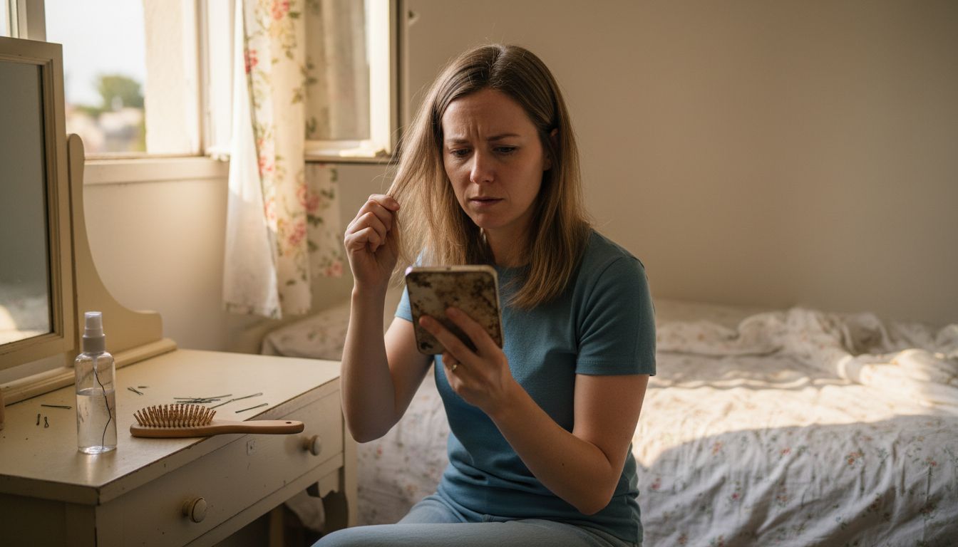 Woman checks thin hair for extensions