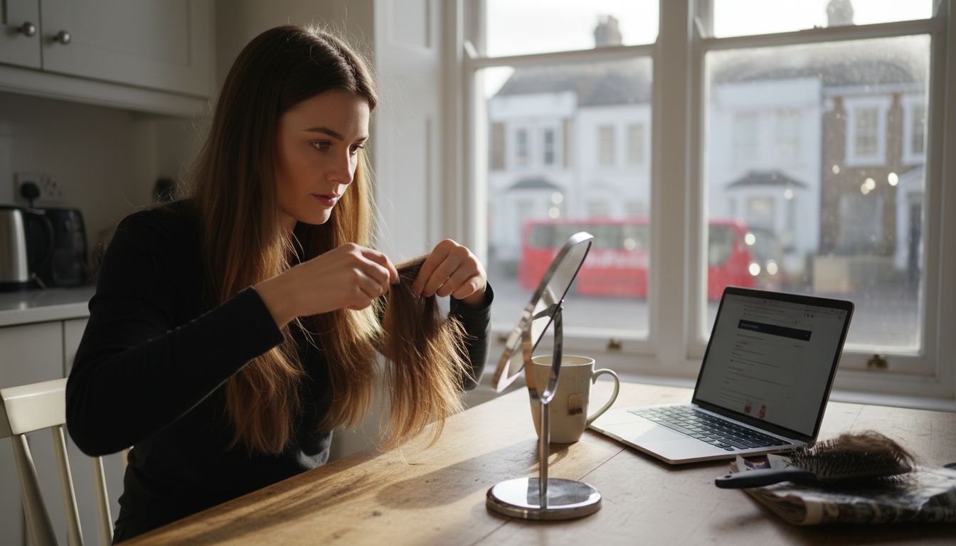 Woman blending Remy hair extensions at kitchen table