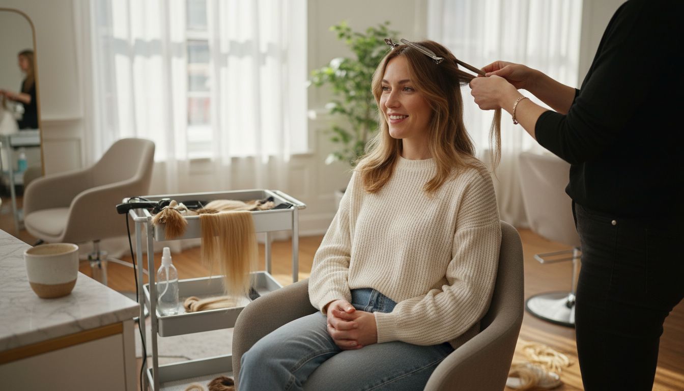 Stylist applying face framing extensions in salon