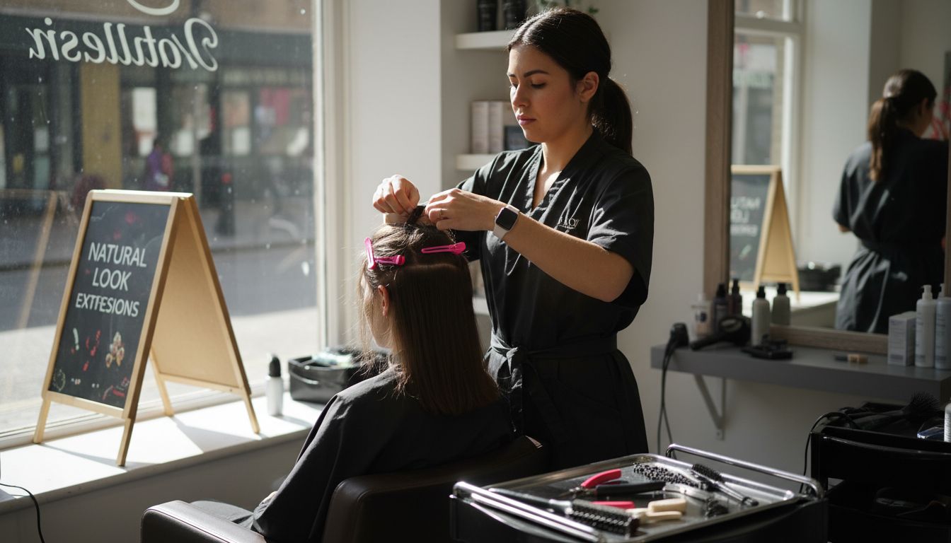 Stylist fitting hair extensions in UK salon