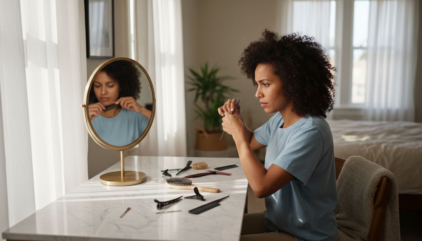 Woman sectioning hair for clip in extensions