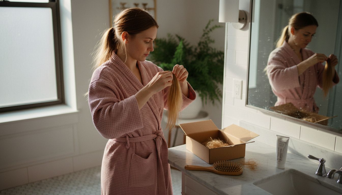 Woman attaching ponytail extension at bathroom counter