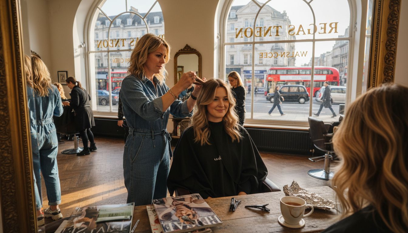 Stylist adjusting face framing extensions in salon