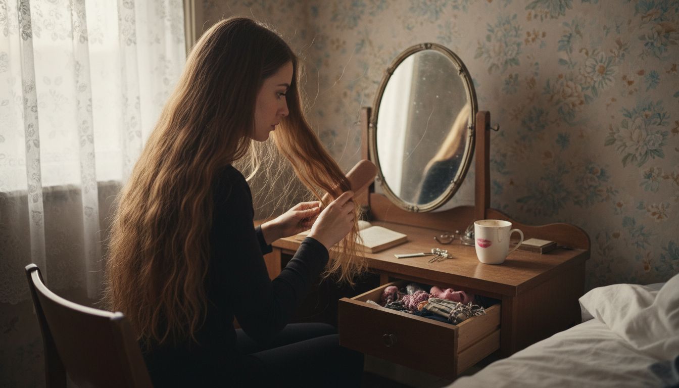 Woman brushing Remy hair extensions at vanity