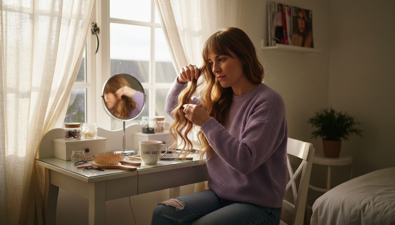 Woman applies hair extensions at home vanity