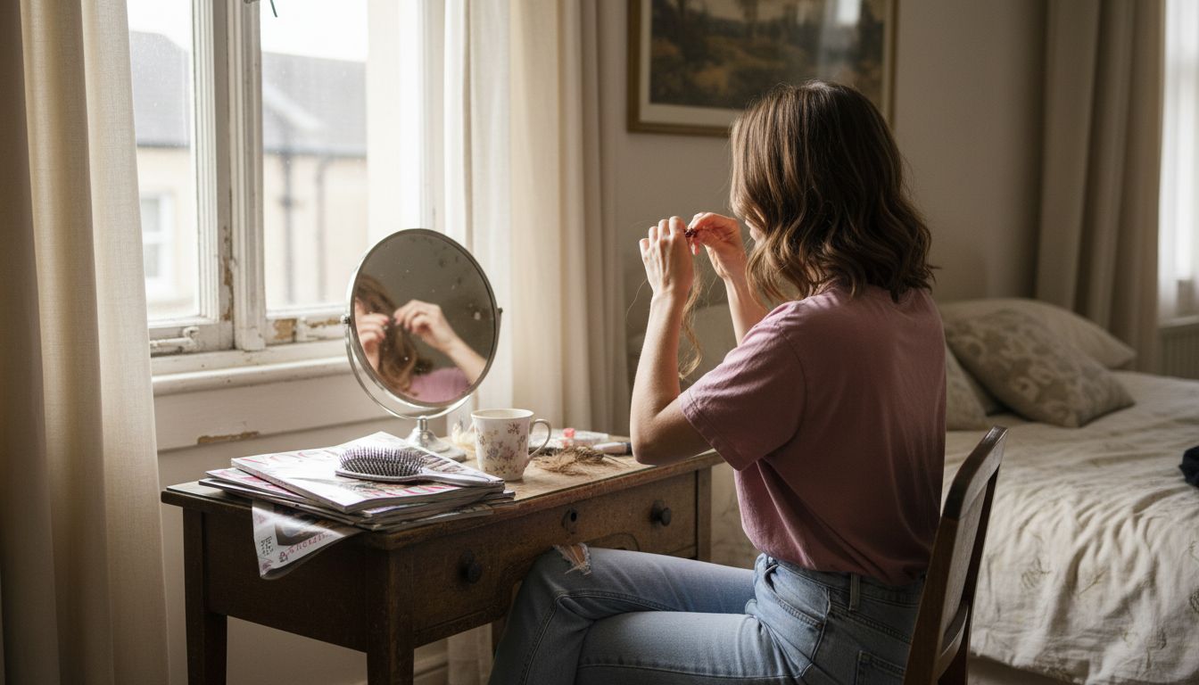 Woman applying wire hair extensions at vanity