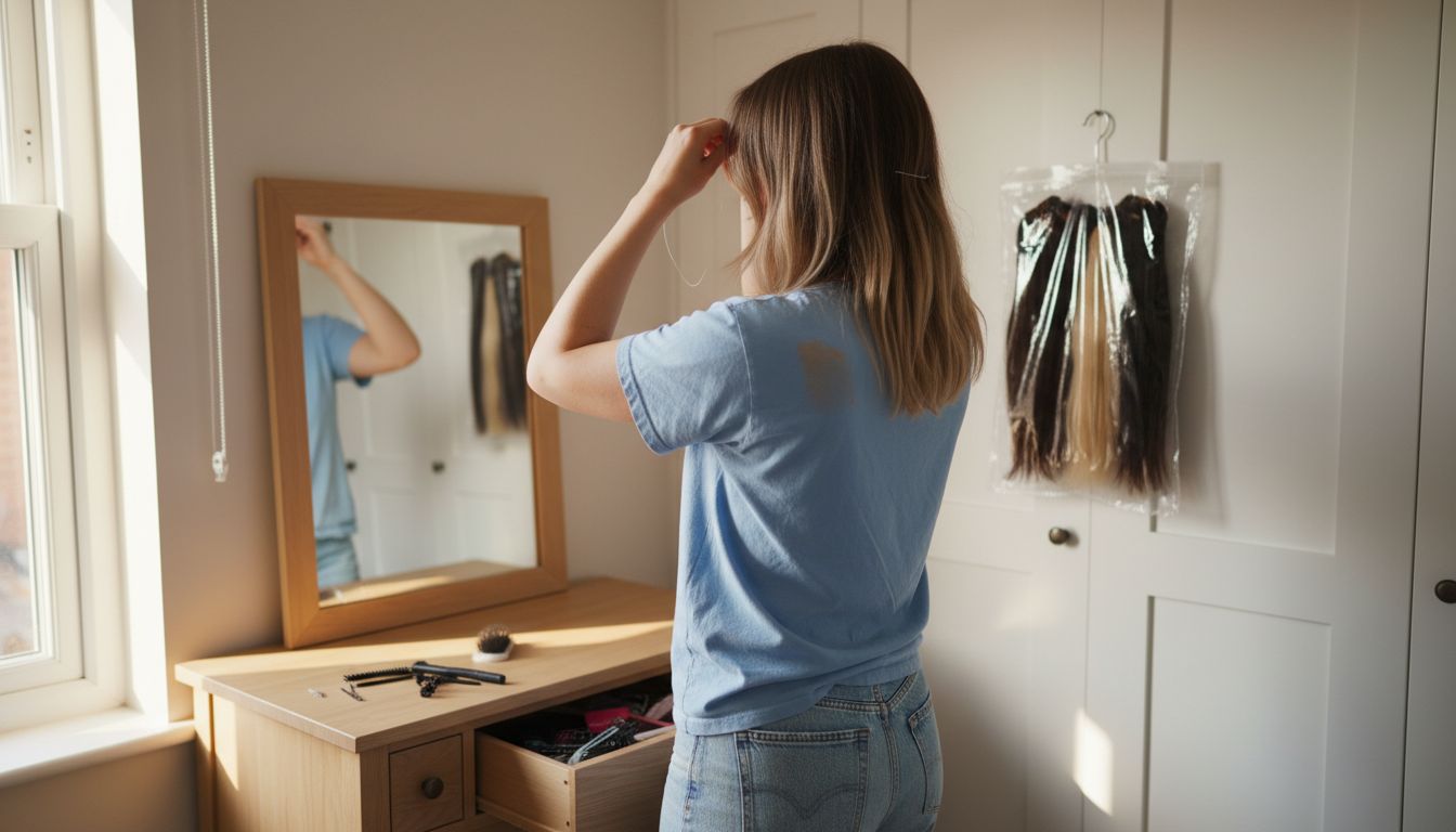 Woman fitting invisible wire hair extensions at vanity