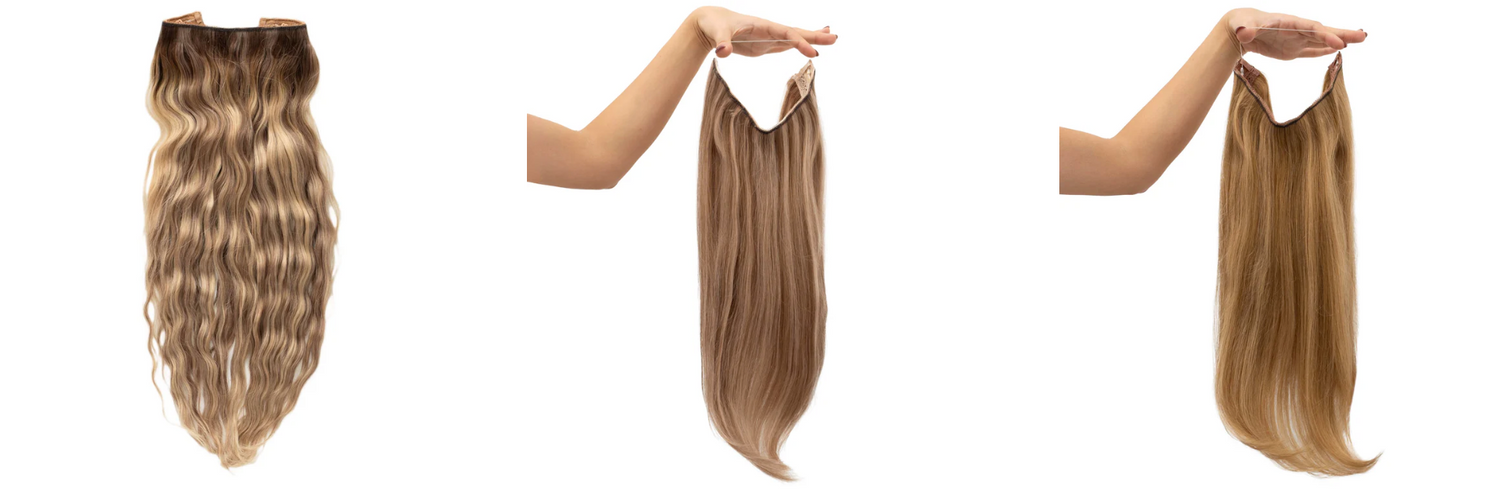 Woman fitting invisible wire hair extensions