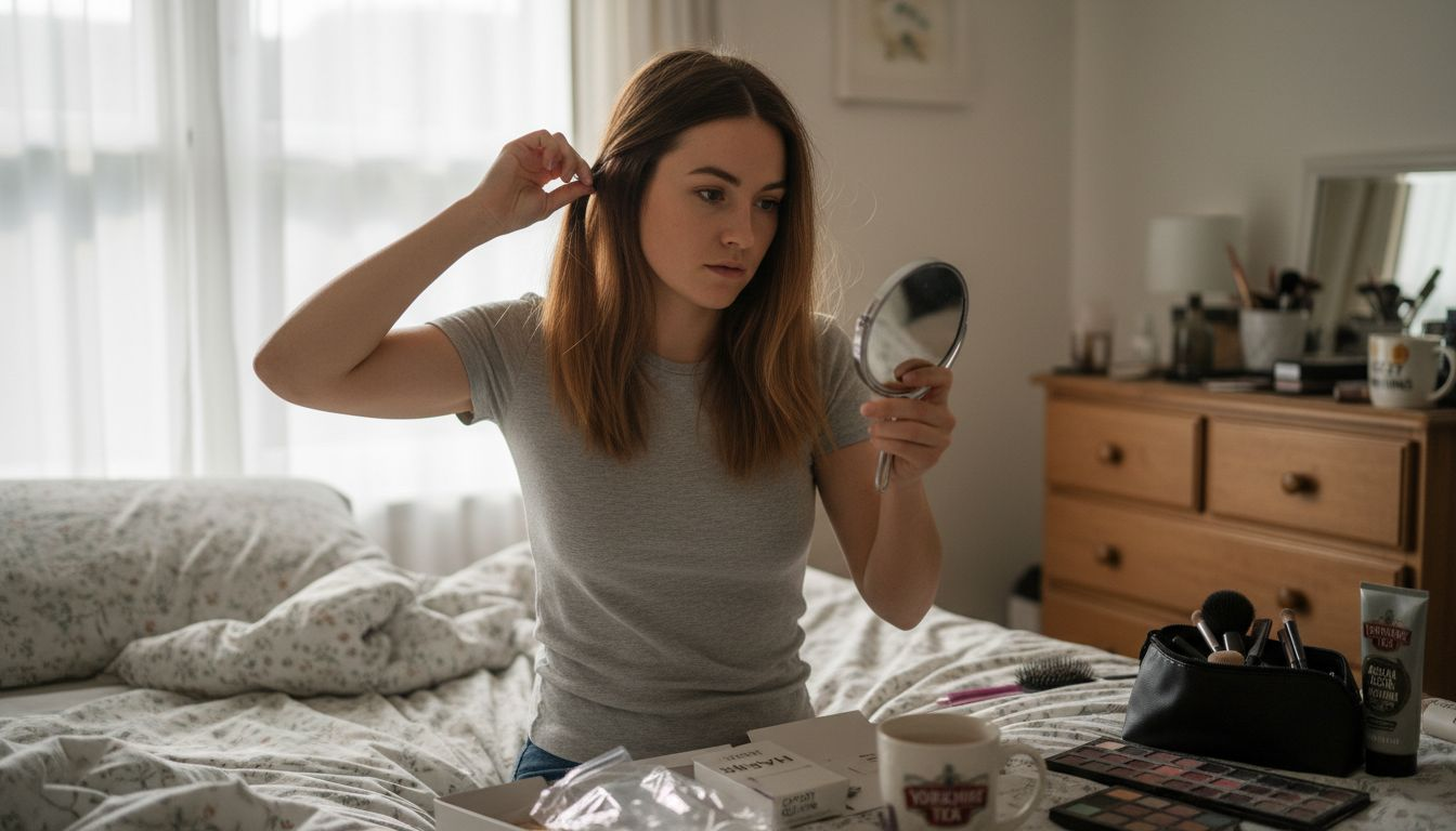 Woman applying clip-in hair extensions at home