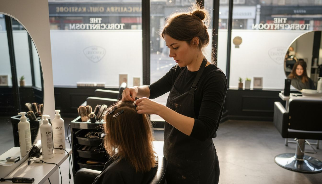 Stylist applying extensions in UK salon