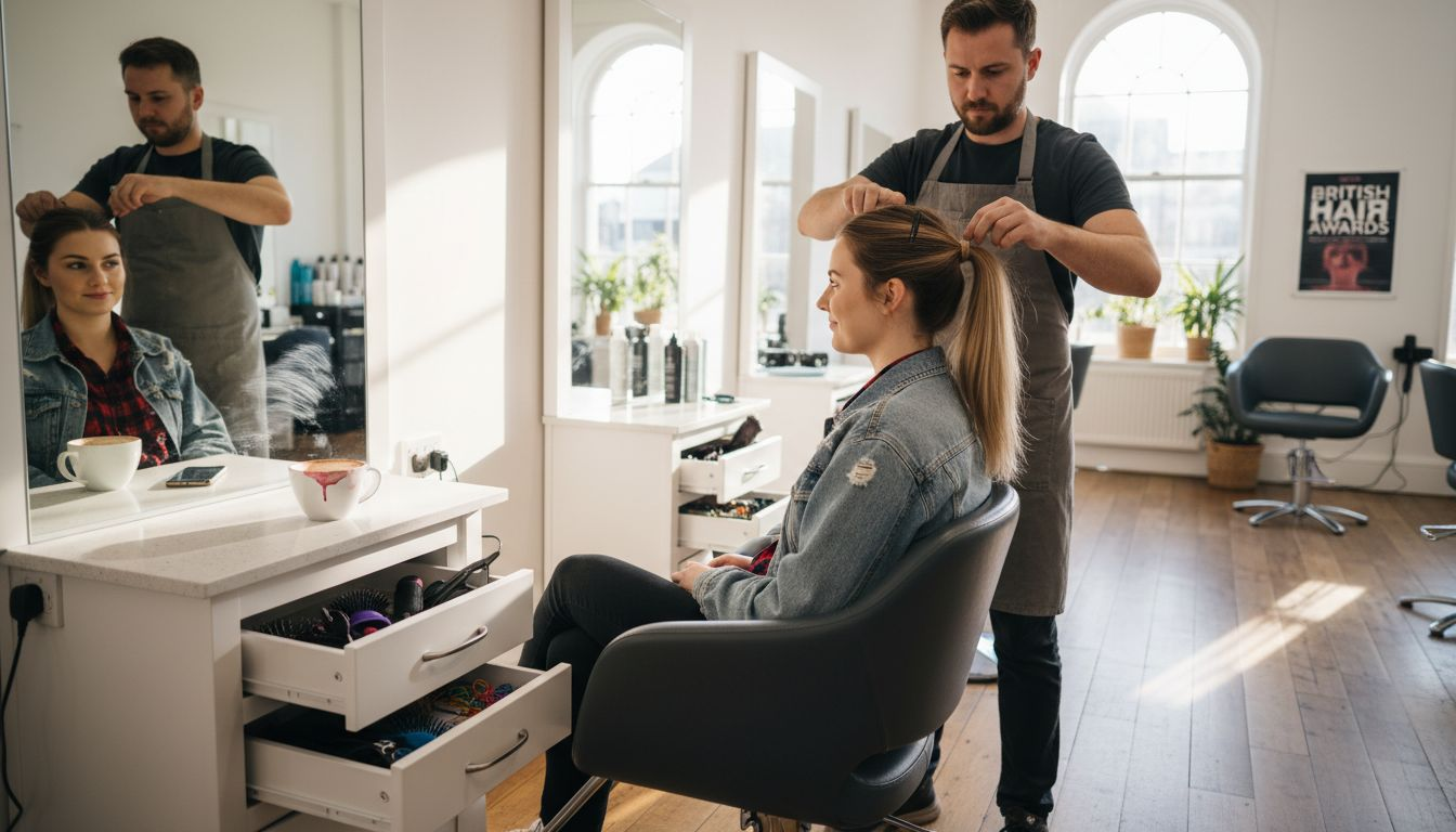 Stylist applying ponytail extension in UK salon