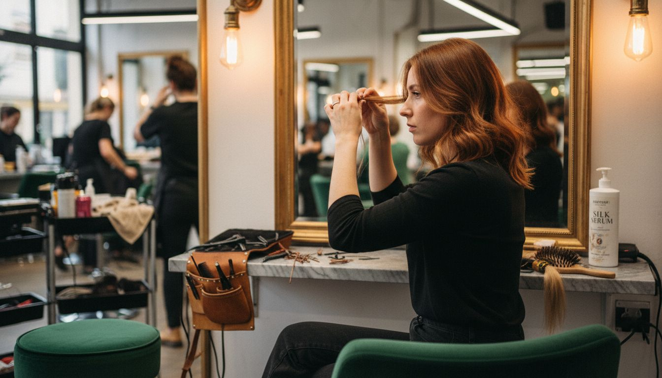 Woman adjusts invisible hair extensions in salon