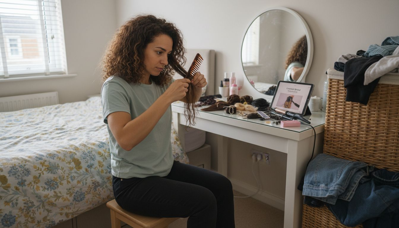 Woman prepping hair for extensions at home