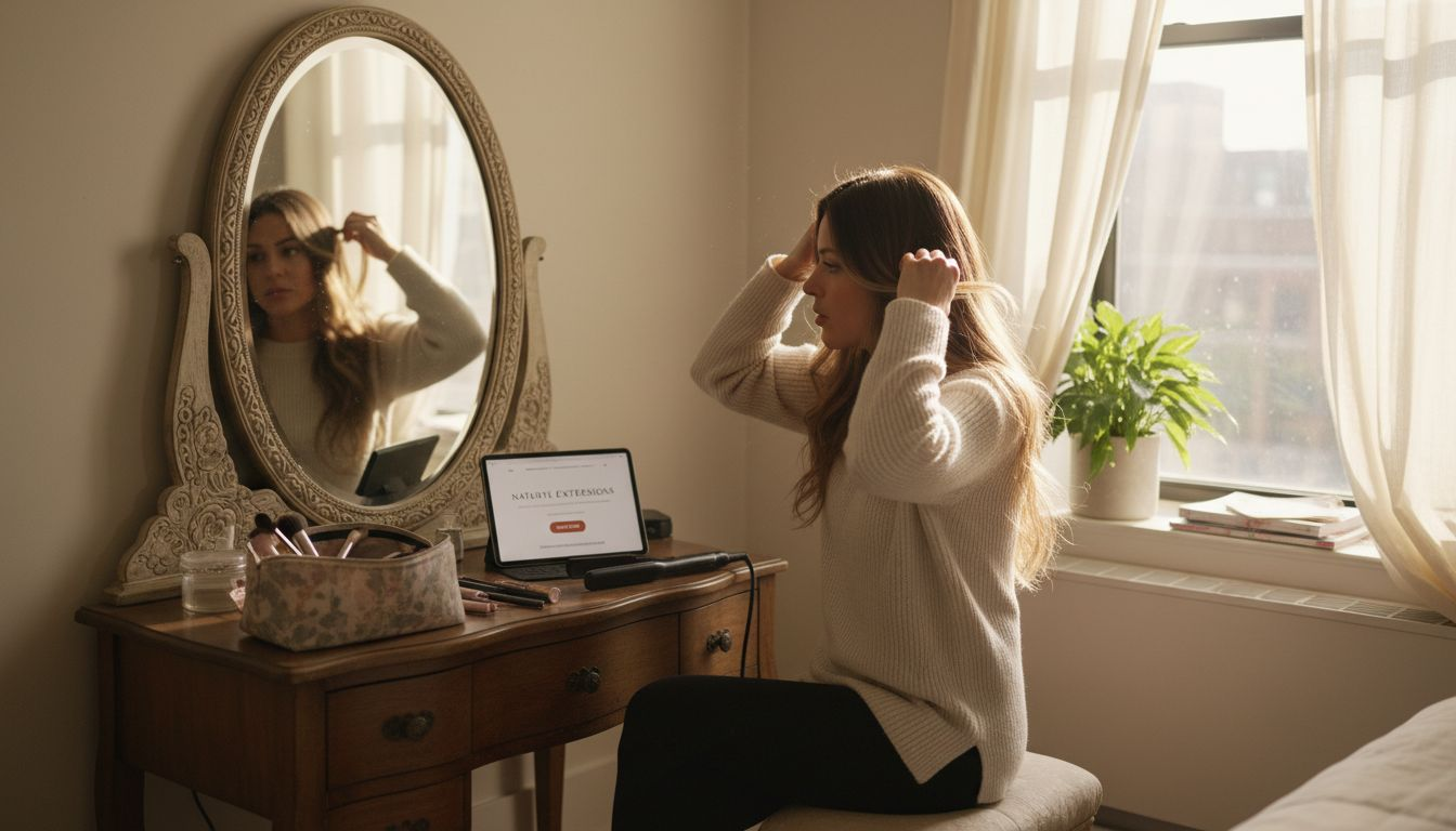 Woman fitting hair extensions at bedroom vanity