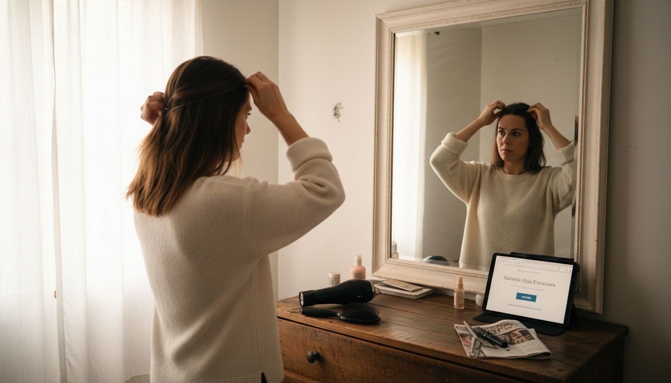 Woman fitting invisible wire hair extensions in bedroom