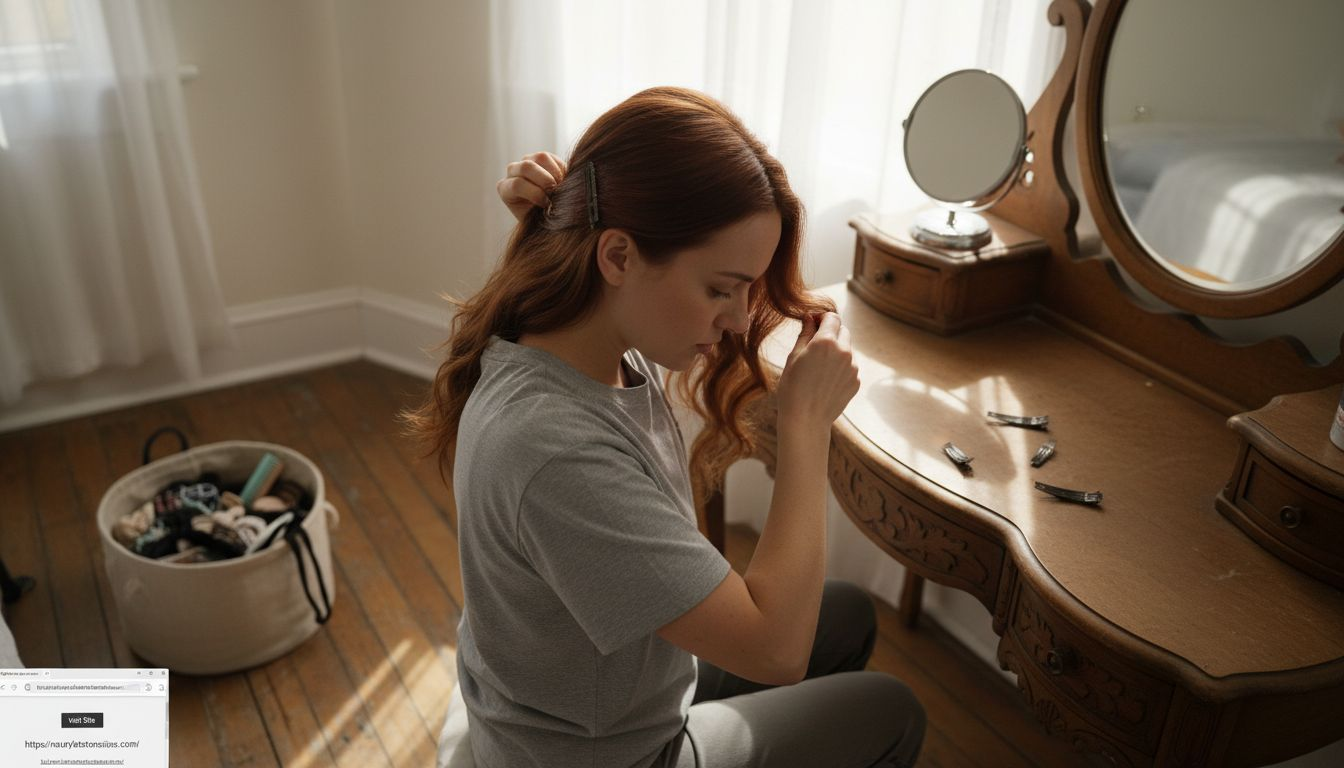 Woman attaching clip-in hair extensions at vanity