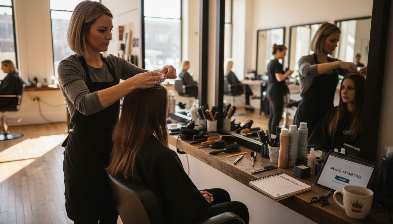 Stylist fitting invisible wire extensions in salon