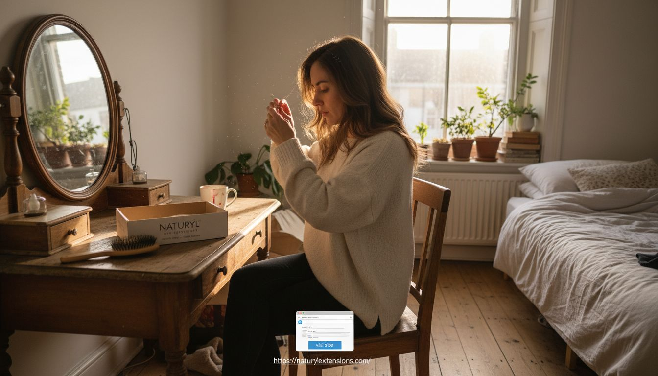 Woman applying wire hair extensions at dressing table