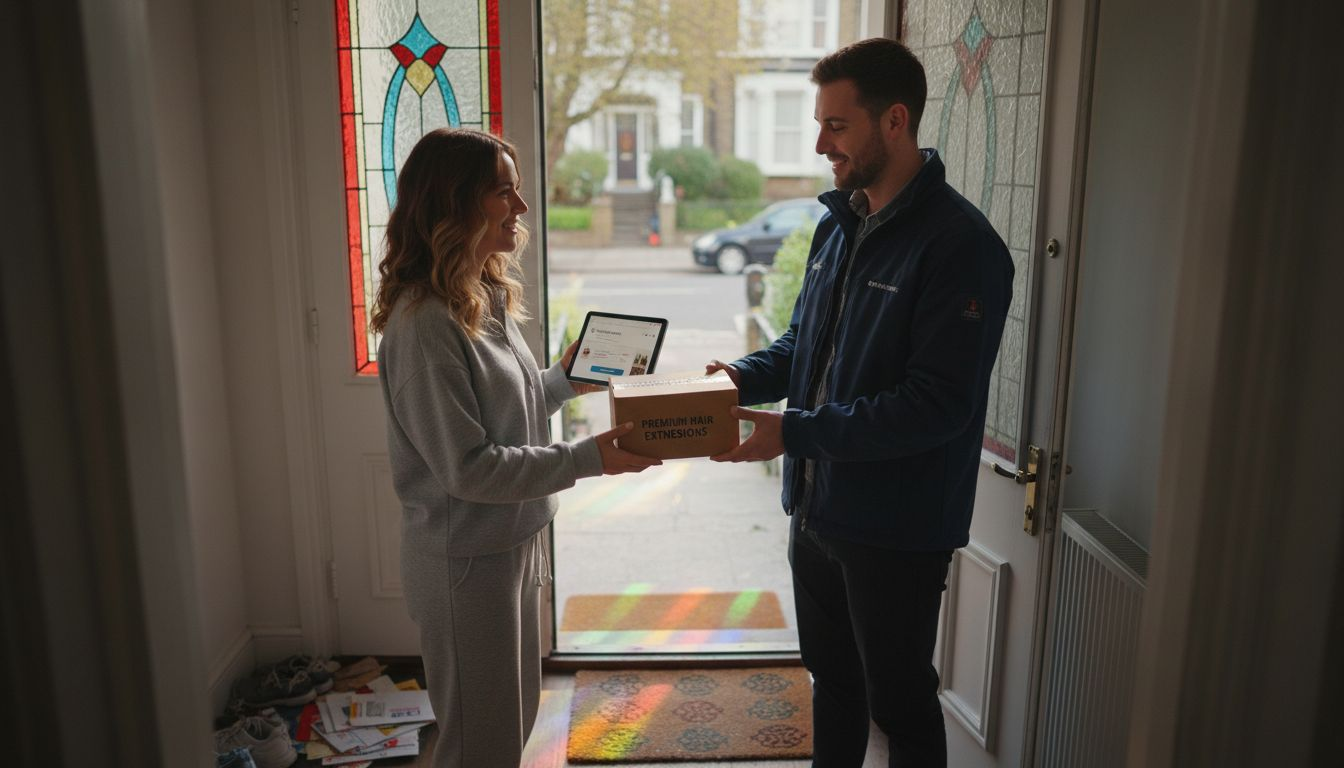Courier delivering hair extensions at UK home