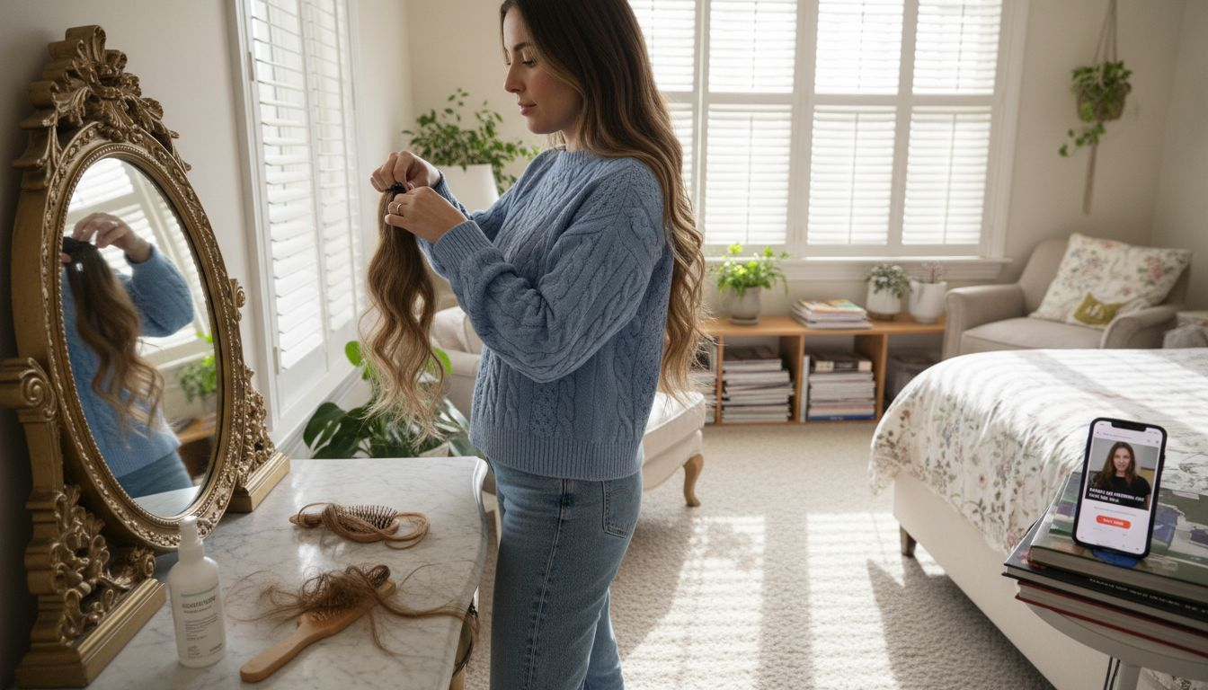 Woman applying Remy hair extensions at vanity