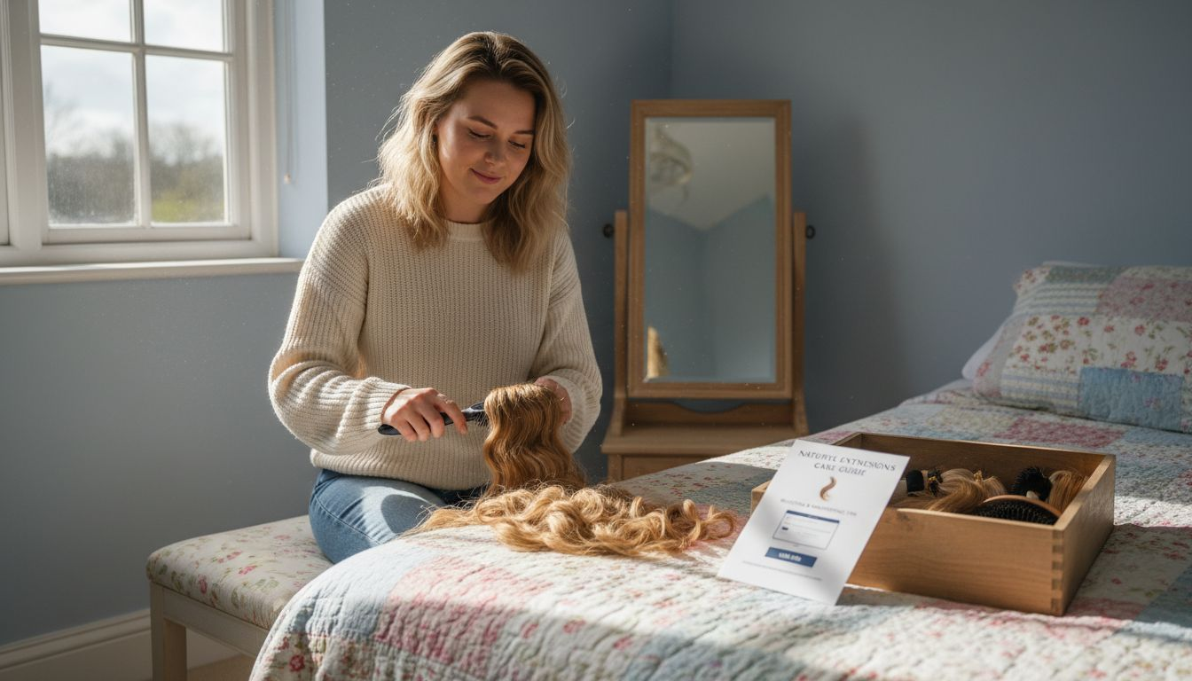 Woman brushing remy hair extensions in bedroom