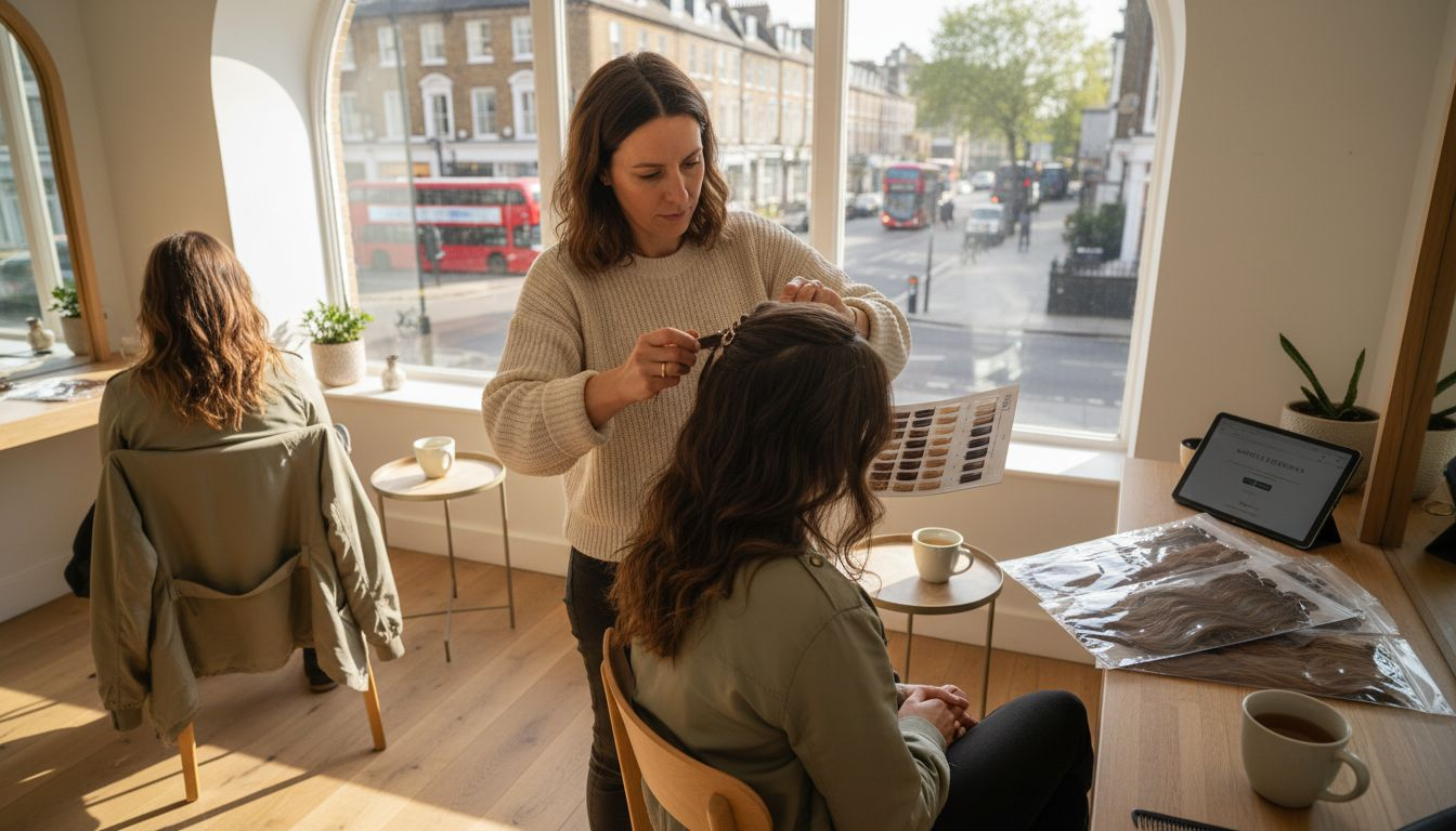 Stylist applying hair extensions in salon