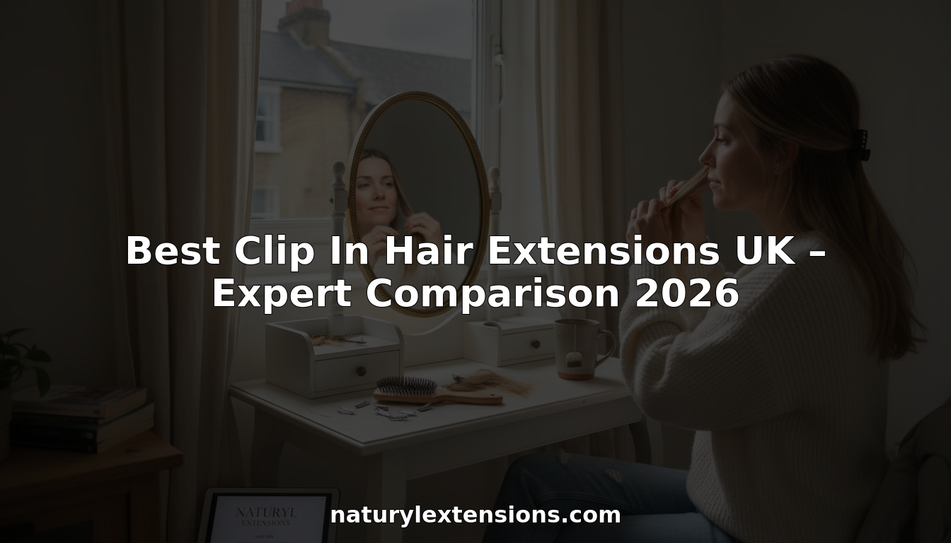 Woman applying clip-in hair extensions at bedroom vanity