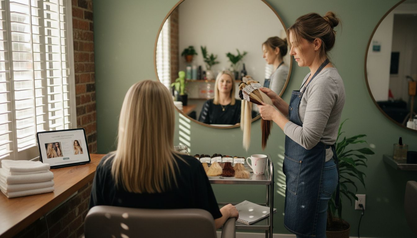 Stylist consulting client on hair extensions