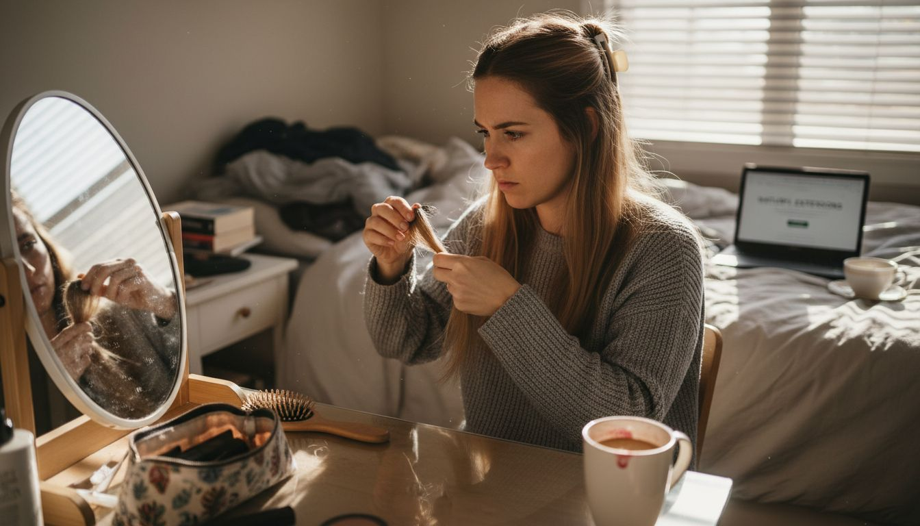 Woman clipping in hair extensions at bedroom vanity