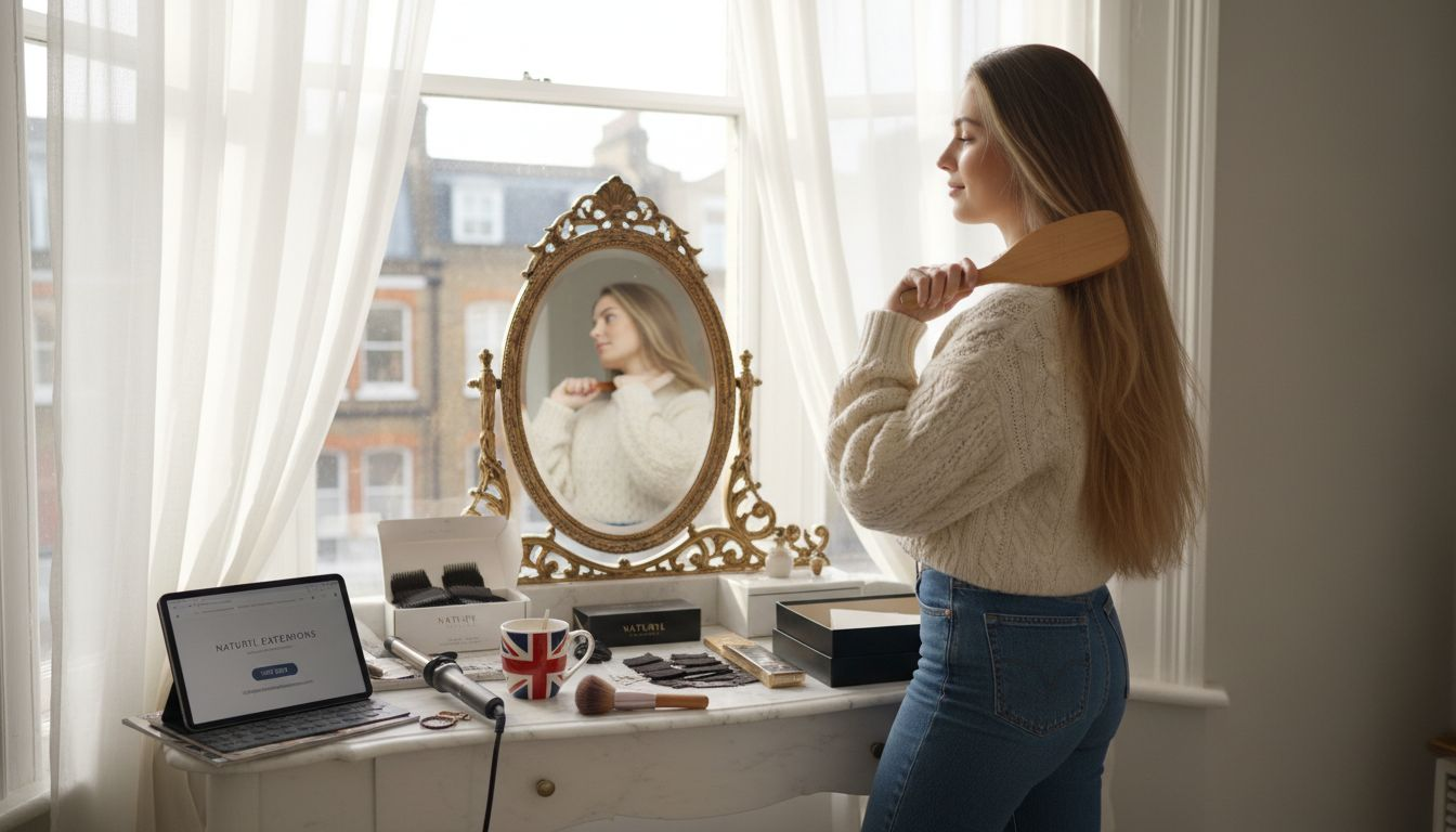 British woman adjusting hair extensions by window