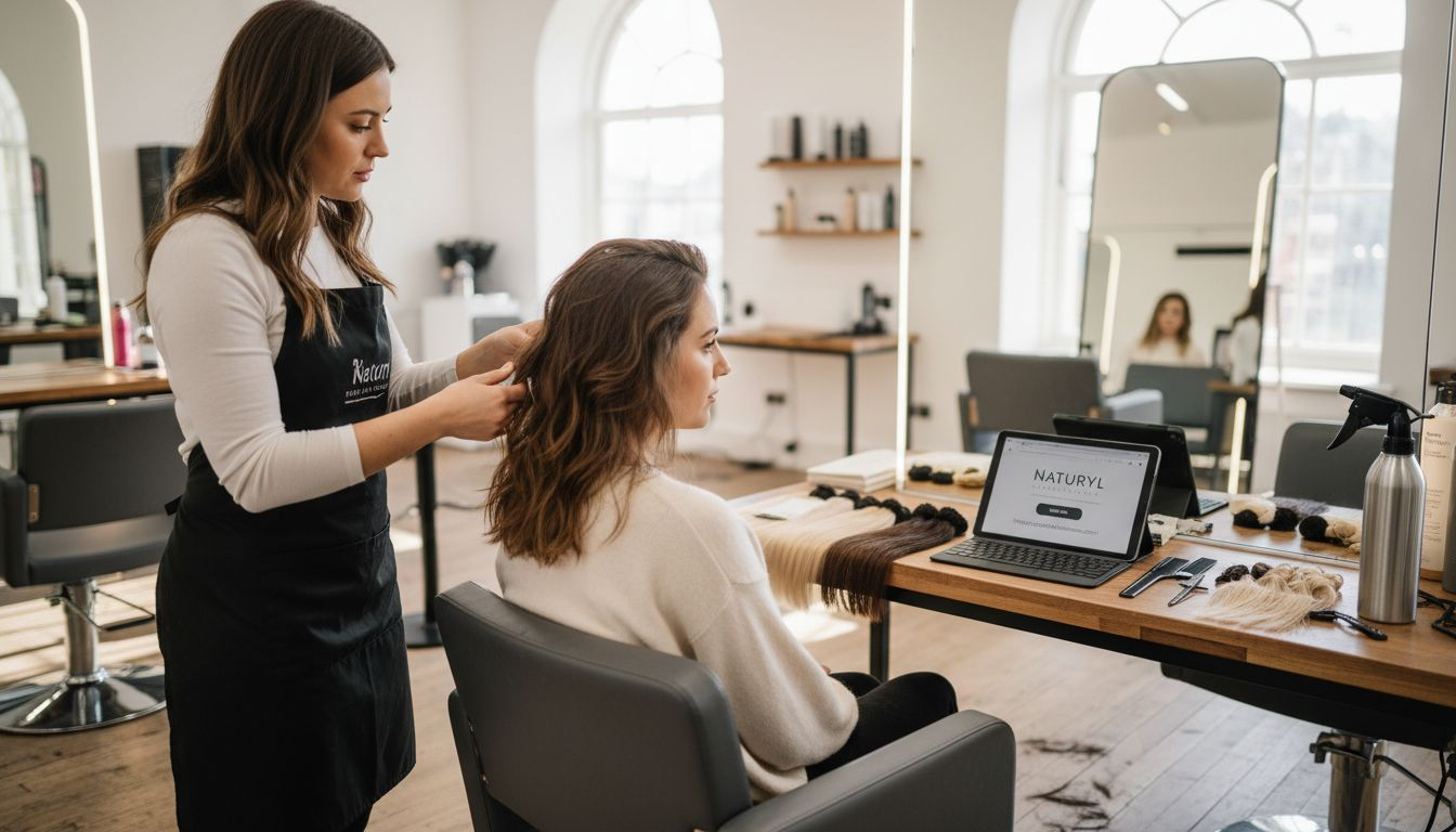 Hair stylist consulting on face-framing extensions