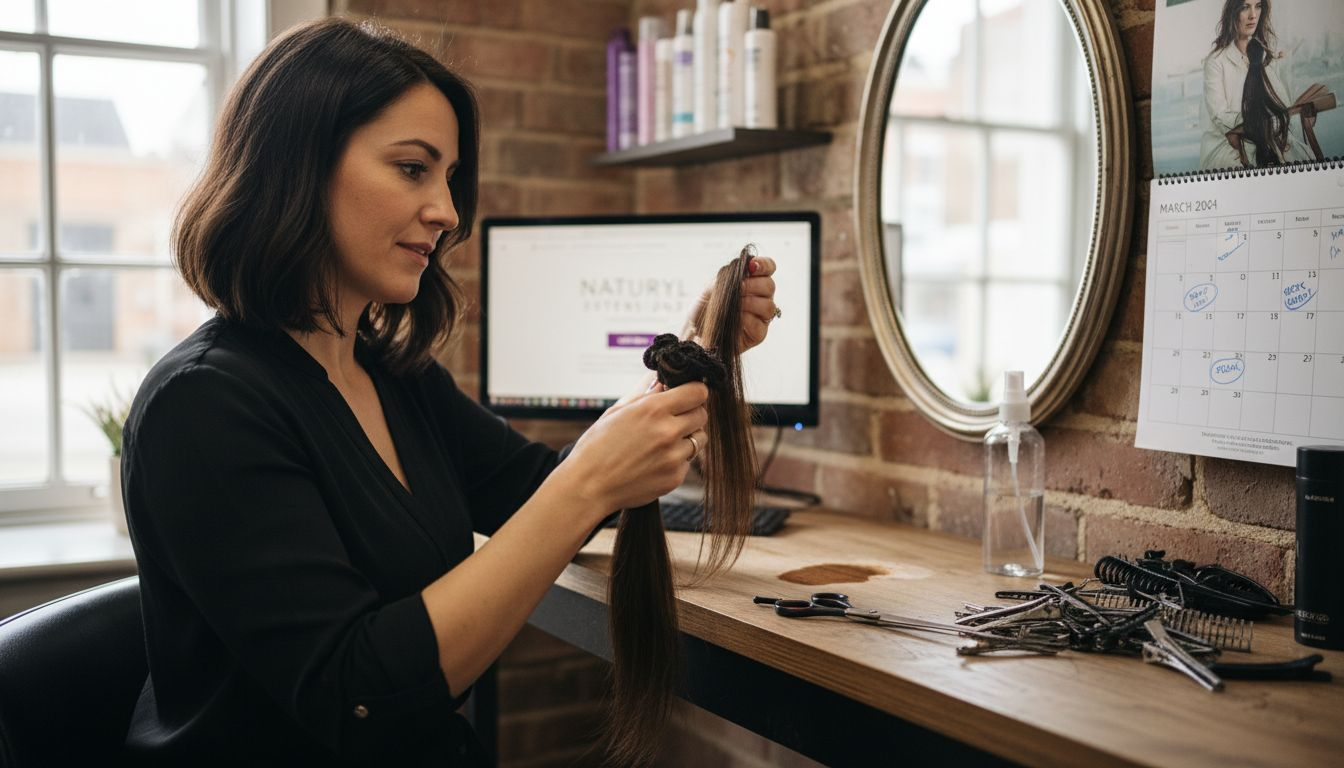 Woman inspecting Remy hair extensions in salon