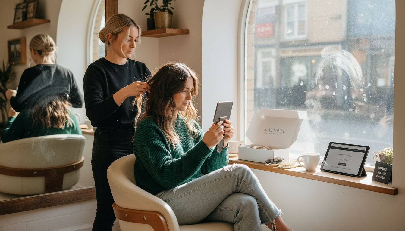 Stylist fits hair extensions in London salon