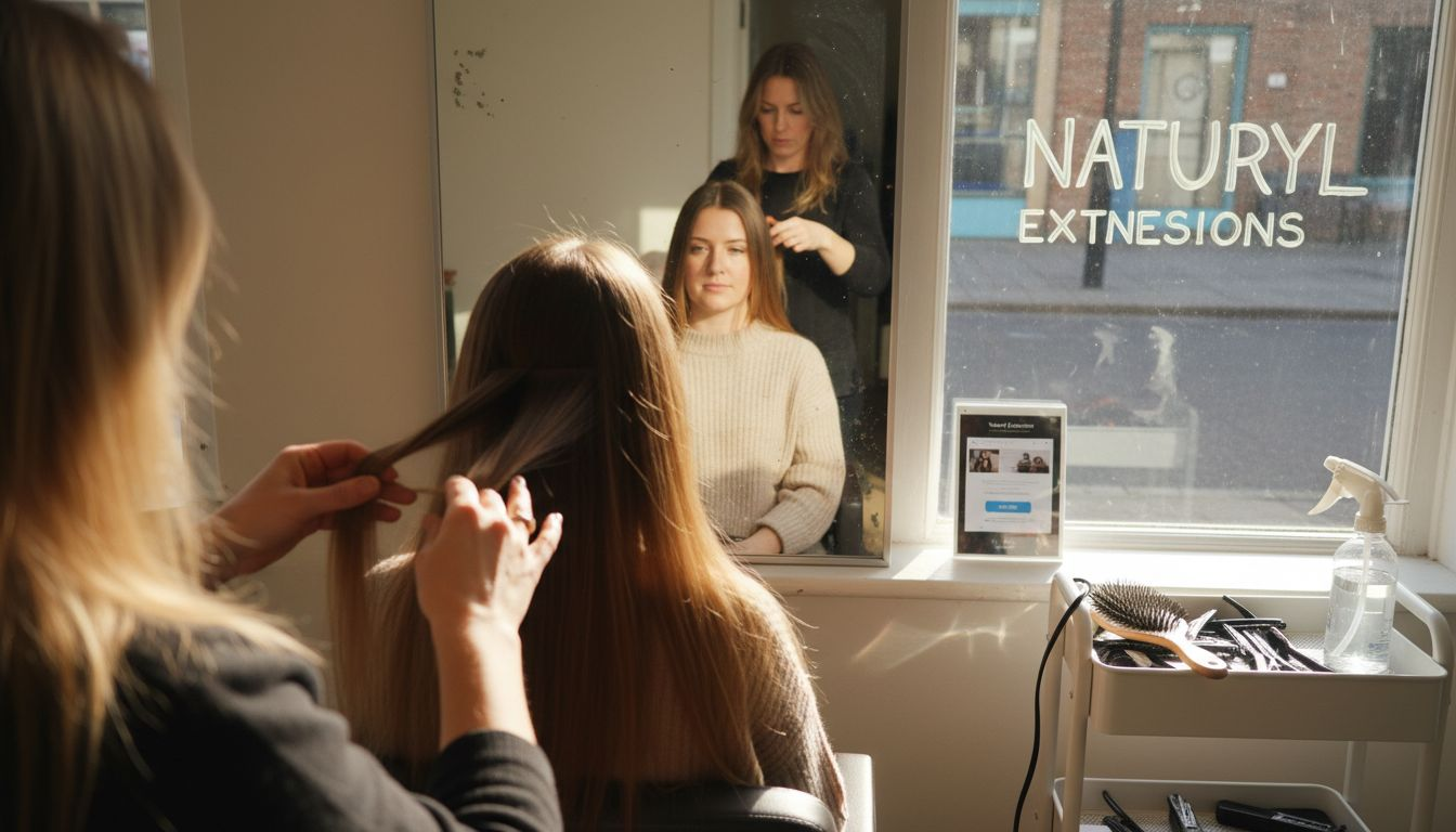 Stylist adjusting hair extensions in salon