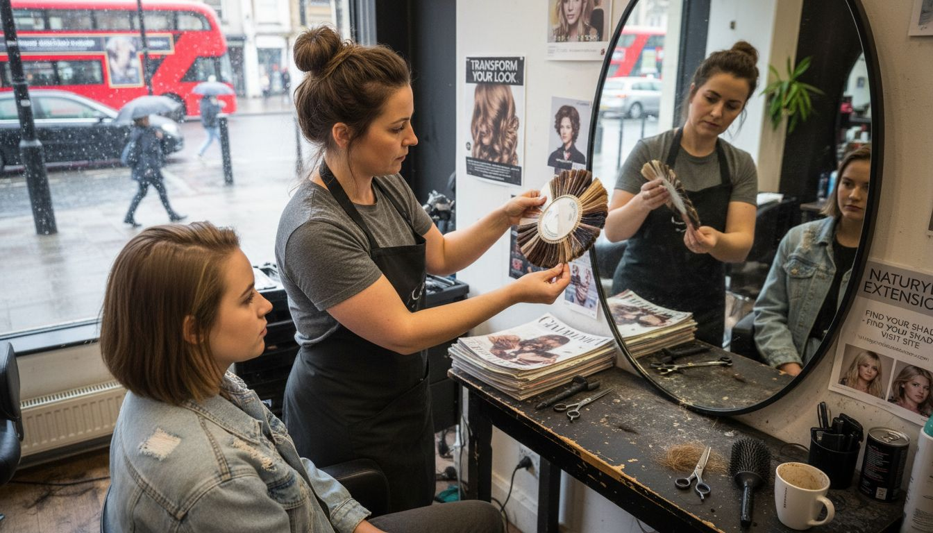 Hair stylist consulting with client in UK salon