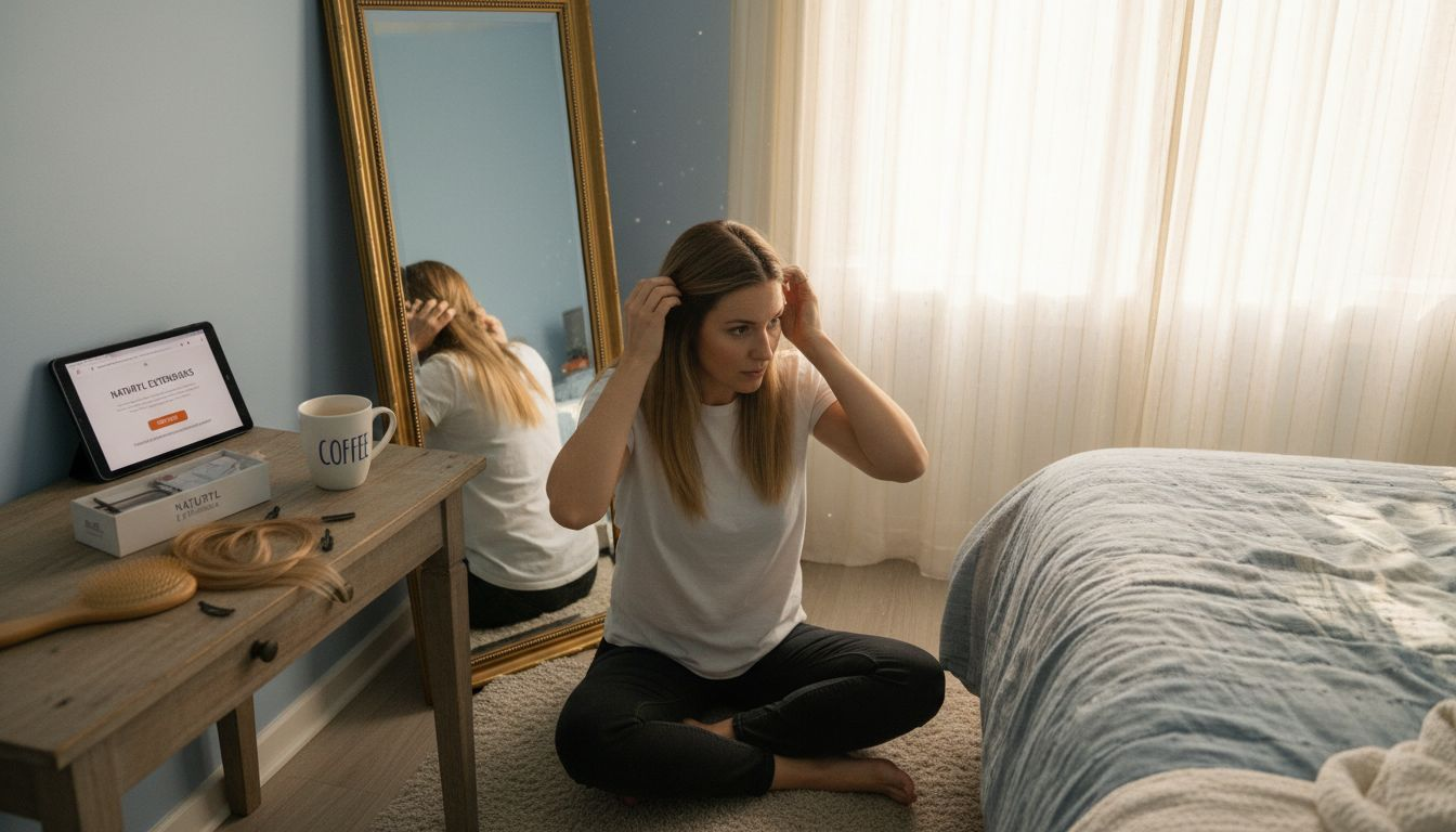 Woman adjusting hair extensions near window