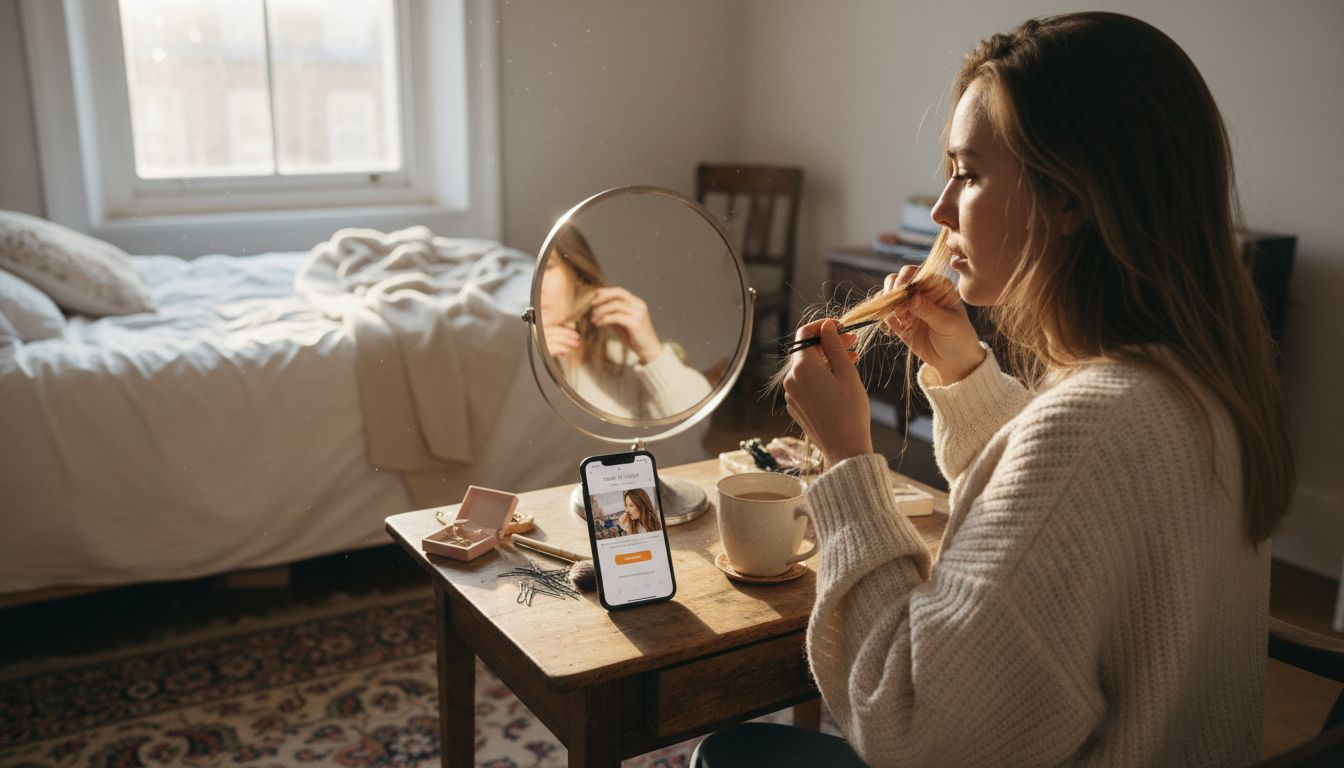 Woman fixing extensions at London bedroom mirror