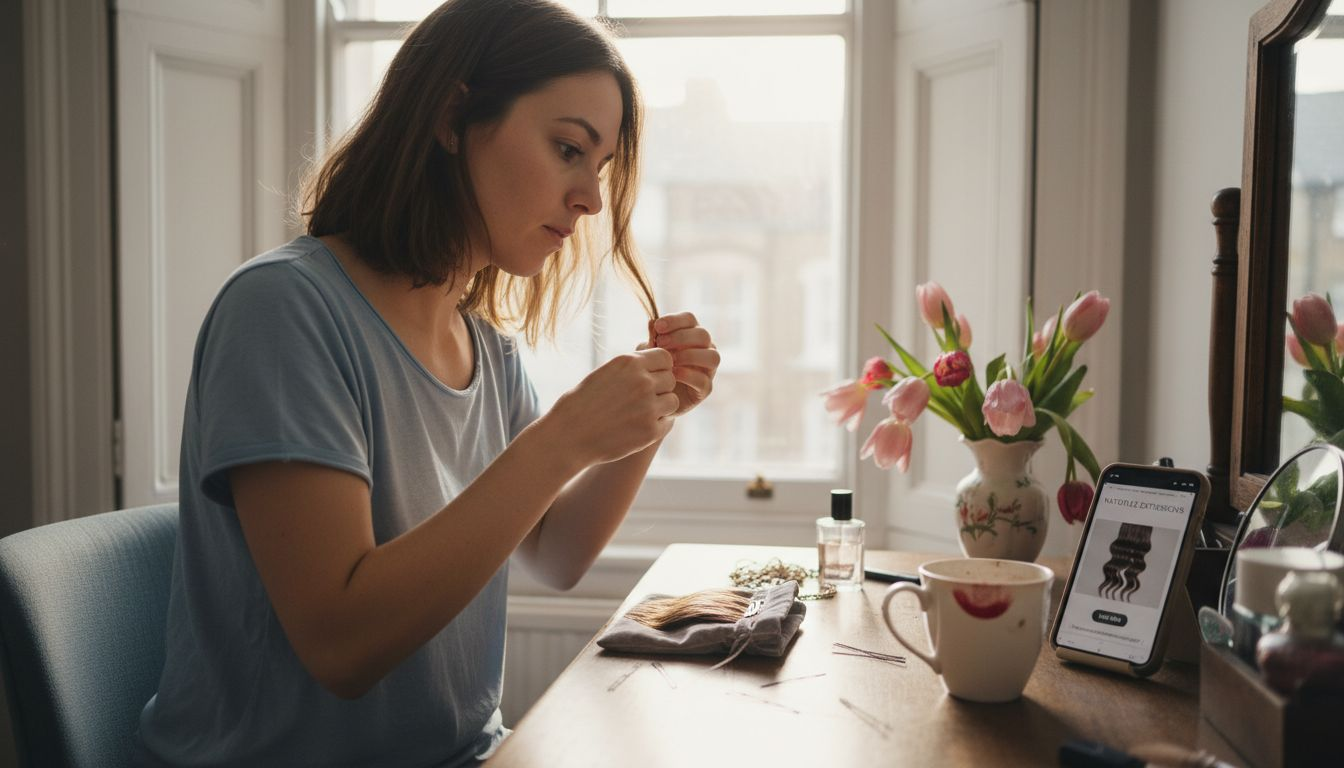 Woman applying hair extensions at dressing table