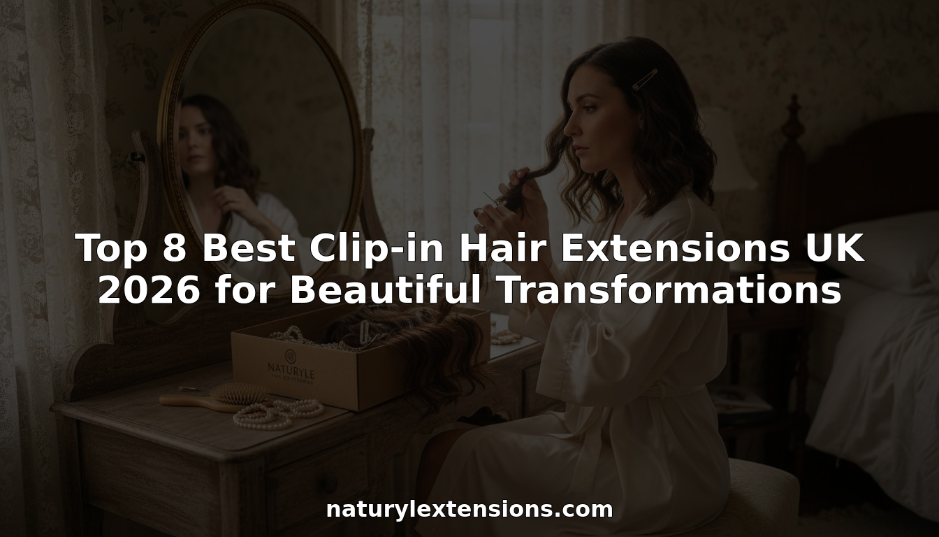 Woman applying clip-in hair extensions at vintage vanity