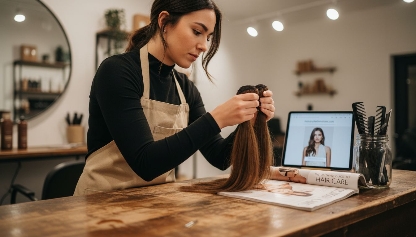 Stylist closely inspecting Remy hair extensions