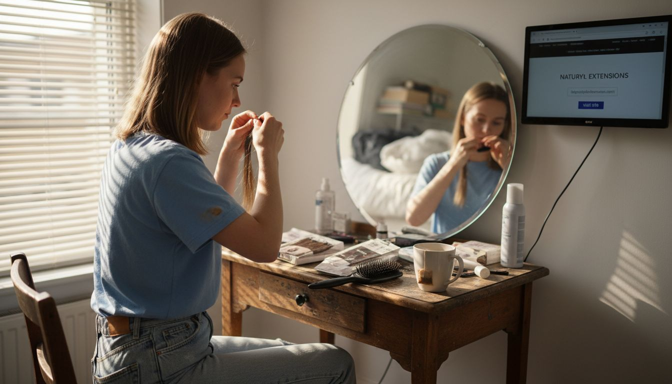 Woman applying clip-in hair extensions at home