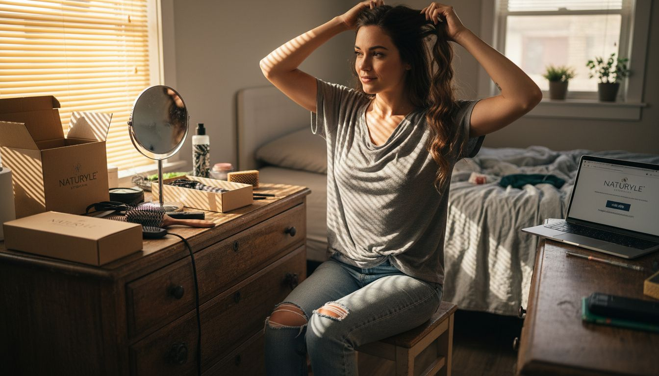 Woman clipping extensions at bedroom vanity