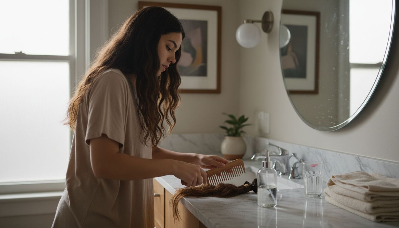 Woman detangling Remy hair extensions at bathroom