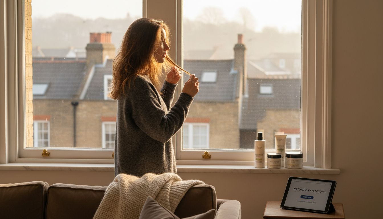 Woman brushing hair extensions by window