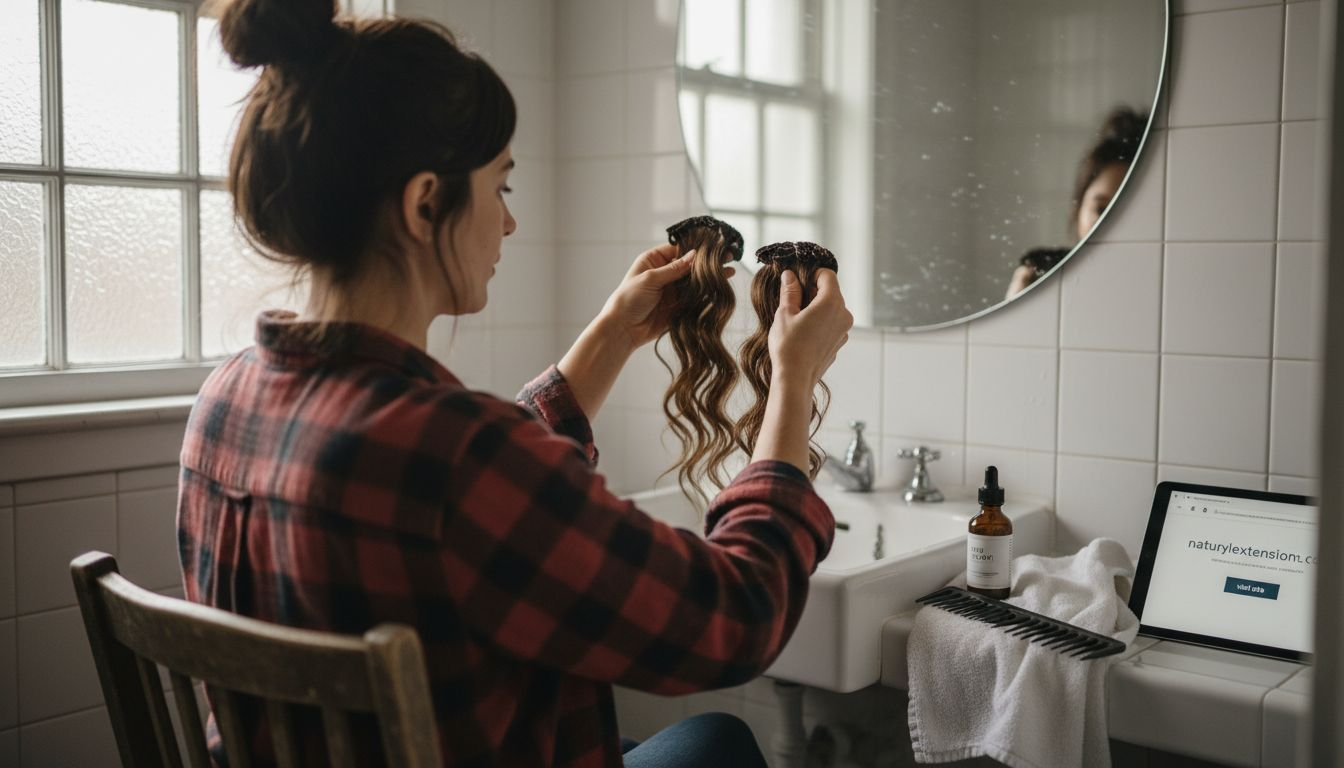 Woman preparing to remove hair extensions at home