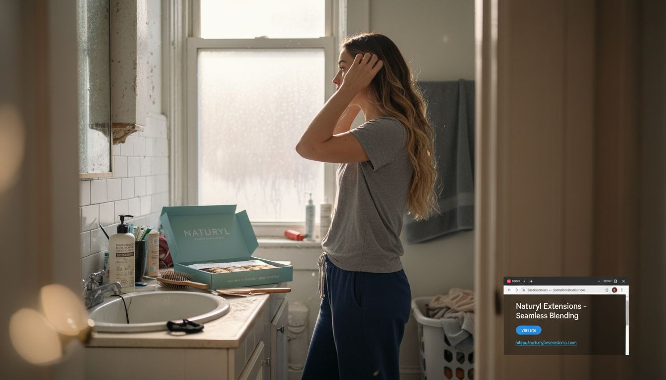 Woman blending hair extensions at bathroom mirror