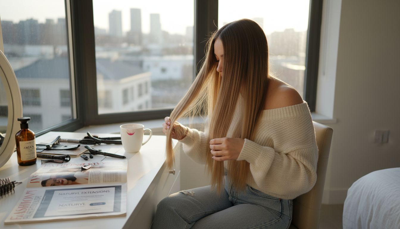 Woman styling luxury Remy hair extensions