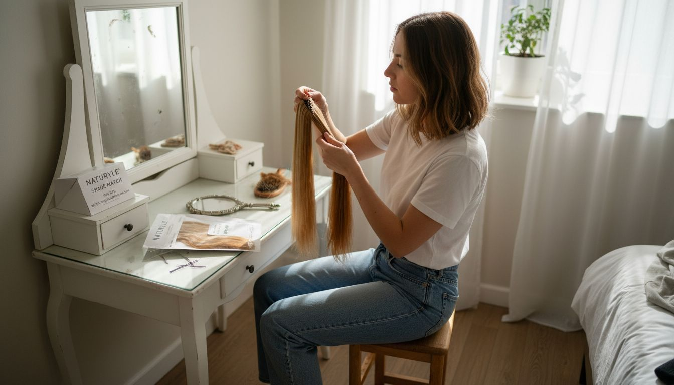 Woman comparing hair extensions at vanity