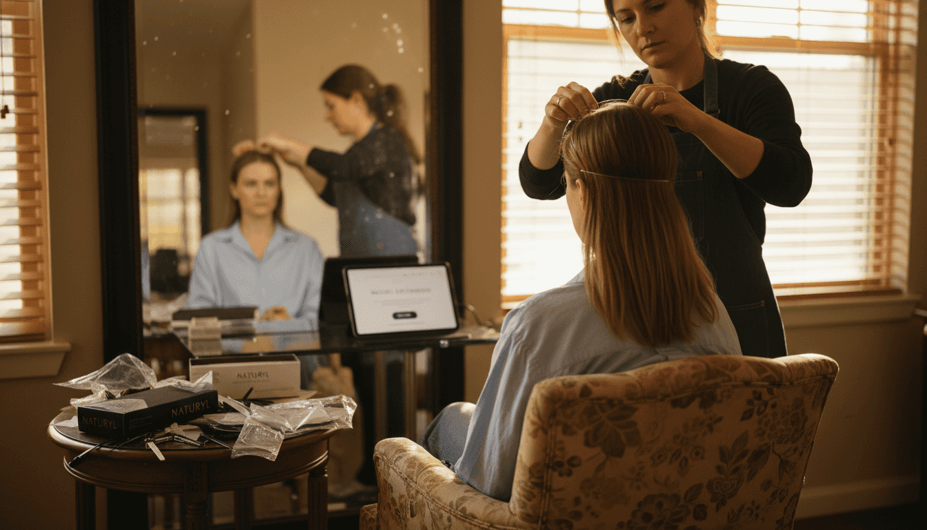 Stylist fitting invisible hair extensions in salon